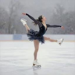 a profssional figure skater lady practicing skating while snow is raining, romantic painting n - 9