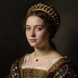 portrait of young woman in renaissance dress and renaissance headdress, art by paolo roversi