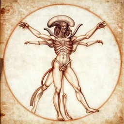 a diagram of a xenomorph in the style of leonardo da vinci's vitruvian man