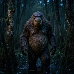 a portrait of a swamp monster in a wooded bog at night, cinematic, wildlife photography, moody lighting