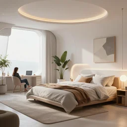 a hyperrealist photography of an airy futuristic cozy bedroom by greg rutkowski, ian mcque, frank lloyd wright and james jean, octane render, artstation, masterpiece
