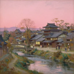 a beautiful painting of an ancient japanese town nearby a small river in the evening by alfons maria mucha and ivan aivazovsky, ultra detailed, volumetric lighting, pink vibe