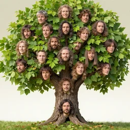 a tree made out of old faces with hair as leaves