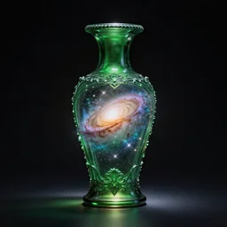 the andromeda galaxy inside an ornate green bottle, spot light from the bottom