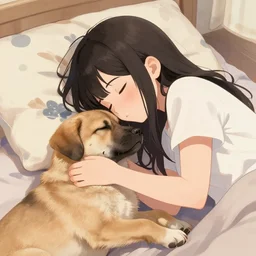 cell shaded, a cute sleeping anime girl kissing a realistic hyper detailed puppy, wlop, ilya kuvshinov, artgerm, krenz cushart, greg rutkowski, hiroaki samura, range murata, james jean, katsuhiro otomo, erik jones