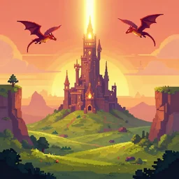 pixel art landscape of an elven magicians tower with bright light shining from top, dragon flying around, strange magic, beautiful rolling hills, sunset, cliffs, warm light, artstation, deviantart