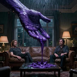 cinestill of a giant hand made of purple wax float through the living room film still from the movie directed by denis villeneuve with art direction, pouring rain menacing lights shadows, 8 k, hd, high resolution, 3 5 mm, f / 3 2, ultra realistic faces, ex machina