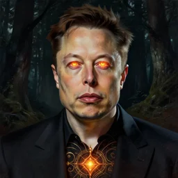 painted portrait of elon musk, fiery burning eyes, standing in the dark forest, upper body, fantasy intricate elegant extremely detailed digital painting trending artstation concept art sharp focus illustration art by gustave courbet greg rutkowski craig mullins carravaggio