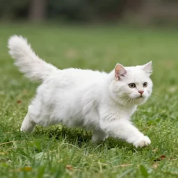 three legged white fluffy cat running on the grass