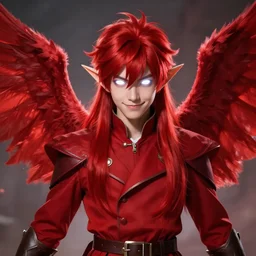 An epic fantasy comic book style portrait painting of a young fairy boy with red wings, pointy red hair, white glowing eyes, smiling, red long hair red coat. Unreal 5, DAZ, hyperrealistic, octane render, cosplay, RPG portrait, dynamic lighting
