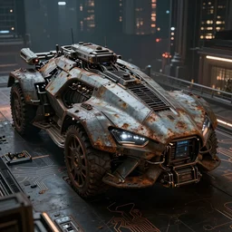 an armored futuristic sci fi vehicle, unreal engine, cinematic lighting, texture rust, texture electronic circuit, texture city at night