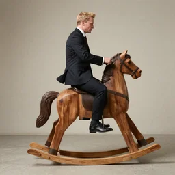grown man in buisness suit riding a rocking horse by slim aarons