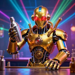portrait photo of a giant huge golden and blue metal humanoid steampunk cyborg bartender with a cocktail shaker, with a human face and gears and tubes, eyes are glowing red lightbulbs, shiny crisp finish, 3 d render, 8 k, insaneley detailed, fluorescent colors, background is multicolored lasershow