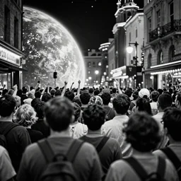 Humanity encounters another intelligent civilisation from another planet, people flock to the streets to witness, black and white, depth of field