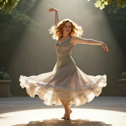 portrait of christina hendricks dancing swirling in the morning sun - rays