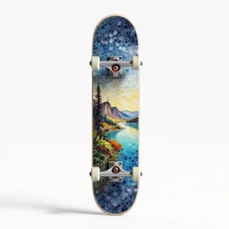 mosaic skateboard, clean 3d render, octane render, isolated on a pure white background, centered, entire object in frame, sharp focus, soft studio lighting