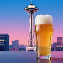a beautiful and immaculate balanced vaporwave ombre scene depicting pint glass of beer and the outrun style space needle. trending on artstation. recommended for you behance.