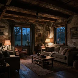 rustic apartment interior, highly detailed, concept art, dark moody, night