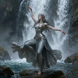 a full body portrait of a beautiful post apocalyptic offworld nordic necromancer dancing by the waterfalls, intricate, elegant, highly detailed, digital painting, artstation, concept art, smooth, sharp focus, illustration, art by krenz cushart and artem demura and alphonse mucha