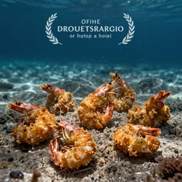 Underwater photo of breaded scampi scattered across the seabed