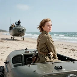 emma watson riding on the back of a landing craft approaching a beach, d - day, ww 2, 1 9 4 4, a colorized photo by jeff a. menges, pixiv contest winner, american realism, colorized, associated press photo, creative commons attribution