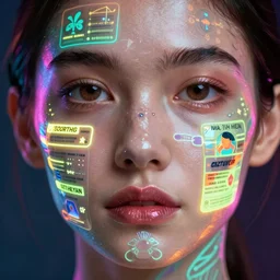 face with light-emitting tatoos showing health information and vital sign visualizations ultra HD realistic wide focus 8k ultra soft light RTX on VFX octane render pixiv pinterest colorful more reflection
