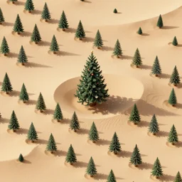 many christmas trees in desert, aeral view, isometric