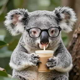 koala with glasses drinking coffee