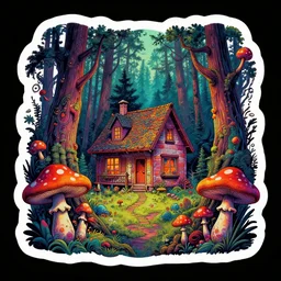 sticker of a home in the forest, highly detailed, trippy colors, exaggerated details, psychedelic mushrooms, by will eisner