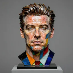 studio photograph of colorful postmodern portrait sculpture of pierce brosnan, beautiful symmetrical!! face accurate face detailed face realistic proportions, made of stained glass and silicone on a pedestal by ron mueck and matthew barney and greg rutkowski, hyperrealism cinematic lighting shocking detail 8 k