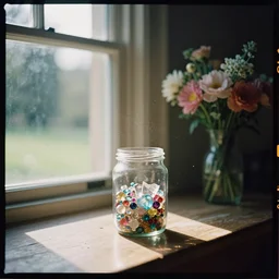 kodak portra 4 0 0, wetplate, muted colours, still life portrait by britt marling of a single jar filled with sparkling jewels, floating dust, near a sunlit window in a room, bright sunlight, flower vase, colourful godrays shinging through the window, haze, a english park outside, no people