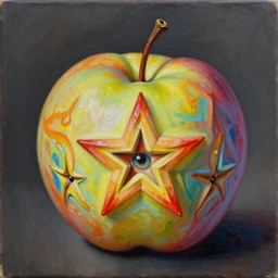 intricate five star apple by pablo picasso, oil on canvas, hdr, high detail, photo realistic, hyperrealism, matte finish, high contrast, 3 d depth, centered, masterpiece, vivid and vibrant colors, enhanced light effect, enhanced eye detail, artstationhd