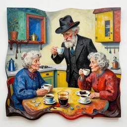 a colorful installation artwork of a old and strange dusty professor in black suite and hat and a old woman making a study of drinking 1 0 cups of black coffee in 5 seconds in a kitchen that is melting, styled by jean tinguely and niki de saint phalle