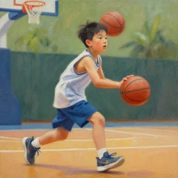 a painting of a kid playing basketball, close up, action shot