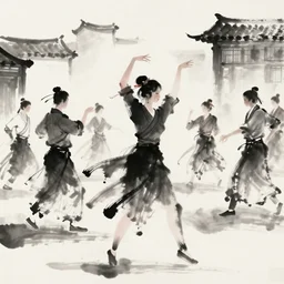dance party in traditional chinese ink brush