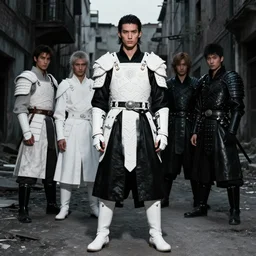 fashion model with white ancestral ornate medieval tactical gear, black leather samurai garment, long shot, dark abandoned city streets, by irving penn and storm thorgerson, ren heng, peter elson,
