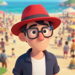 male with red hat and glasses in a crowd at a beach, zoomed out aerial shot, highly detailed cartoon