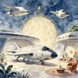 a beautiful illustration of futuristic hangar, spaceship, big medium small, sacred geometry, golden ratio, in watercolor gouache detailed paintings, in style of syd mead, trending on artstation, 8 k, panel, hard surface, vent, zaha hadid, props, plant, cozy, decoration around the room, simon stalenhag, deus ex