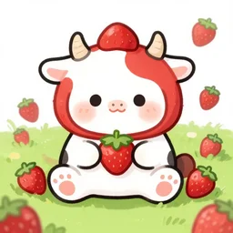 a digital drawing of a strawberry themed cute cow sitting in a field of strawberries.