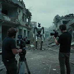 vfx film, behind the scenes, on location, set design, m, making of, big film production, cinematographer filming futuristic tesla humanoid robots, dilapidated war torn city, flat color profile low - key lighting award winning photography arri alexa cinematography, hyper real photorealistic cinematic, atmospheric cool colorgrade