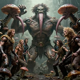 movie still of graphic fungal new gods realized by machines dreaming on whipping goliath tongues by liam sharp, virgil finlay, alberto bontempi, shigeru komatsuzaki, wayne d barlowe, alex ross, enric torres, simon bisley & boris vallejo, alex ross, enric torres, hyper realism, cinematical, narrative light, muted colors, epic, hyper
