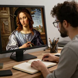 a mongoose! with glasses working on a pc, an open notebook on the desktop, painting by sandro botticelli