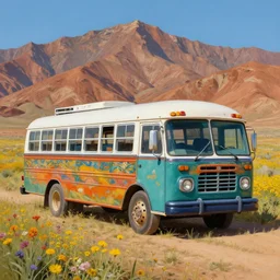 painting of a hippy bus in utah desert mountain with wildflowers