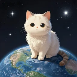 A fuzzy little cat sitting on planet earth, space with stars in the background, extra detailed, digital illustration, by Makoto Shinkai and thomas kinkade, digital painting, Matte painting, trending on artstation and unreal engine