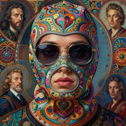 a close up of beautiful model wearing a balaclava and sunglasses surrounded by colourful intricate patterns, by edgar maxence and caravaggio and michael whelan, intricate painting, hyper realistic, extremely detailed and beautiful aesthetic face, 8 k resolution