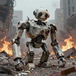 a big robot made of rubbish and human remains with a creepy happy face, lost look, destroyed city on fire, broken wires, depth of field, robotic limbs on floor, by Greg Rutkowski