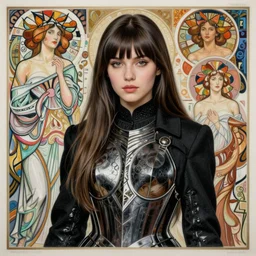 masterpiece head and shoulders portrait of a female yvette young, young woman with beautiful long hair and bangs and wearing a long black coat breast - armor showing through, face, fantasy, intricate, elegant, highly detailed drawn by donato giancola and fernanda suarez and artem demura, face by artgerm and edmund leighton, alphonse mucha, background by james jean and gustav klimt, 4 k, porcelain skin, komorebi, french nouveau, trending on pixiv, octane render, hyperrealistic