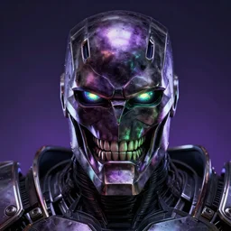 face of an armored villain, Ultron, evil, dark, mask, joker smile, iridescent eyes, purple and green highlights, metal, knight, teeth, joker, terminator