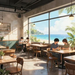 cool trendy cafe interior with a view, extremely detailed, sharp focus, wide view, full body shot, smooth, digital illustration, by james jean, by rossdraws, frank franzzeta, mcbess, sakimichan
