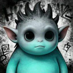 detailed closeup portrait of magical cute round grey goblin ironsciencer, in the style of rob lefield and dan mumford, epic gradient, by atey ghailan, by greg rutkowski, by greg tocchini, by james gilleard, by joe fenton, by kaethe butcher, gradient olive turquiose, black and white color scheme, grunge aesthetic, graffiti tag
